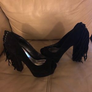 Suede Open Toe Heels with Fringe Detail!